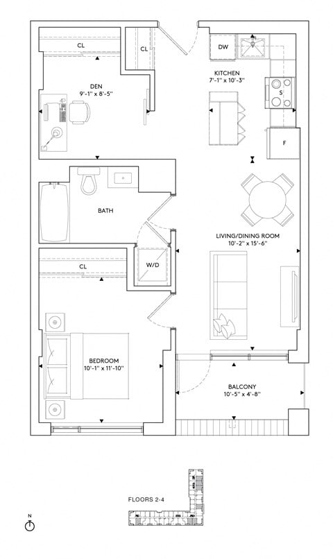 Floor plan for 1 bed, 1 bath, 680 sqft